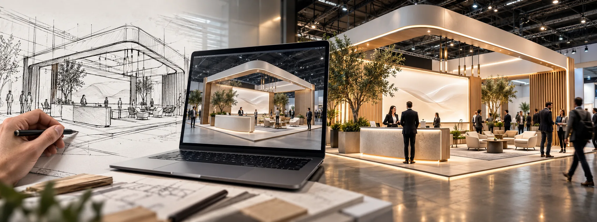 Panorama in three stages: on the left the hand sketch of a trade fair stand, in the middle the digital design on a laptop, on the right the finished stand with visitors