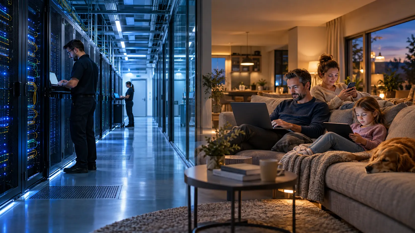 Rechenzentrum, IT-Arbeitsplatz und Familie nutzen sicher verbundene digitale Dienste